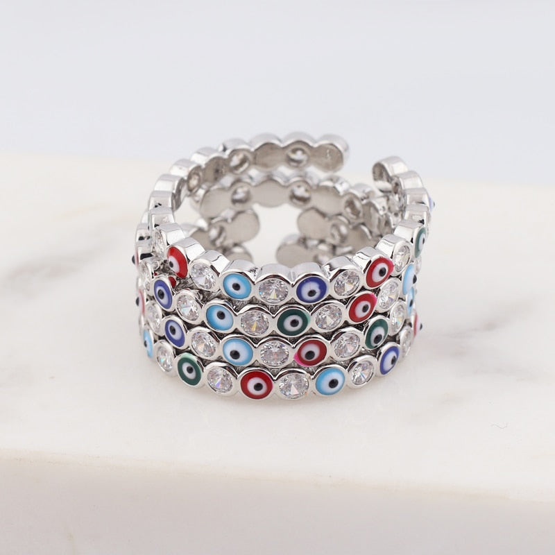 Skorter | Bohemian Rainbow Evil Eye Rhinestone Filled Gold Rings