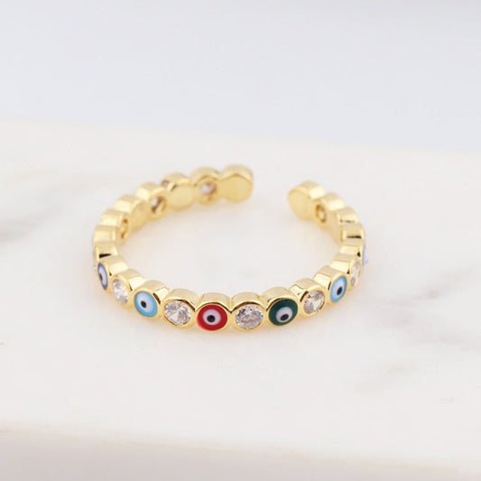Skorter | Bohemian Rainbow Evil Eye Rhinestone Filled Gold Rings