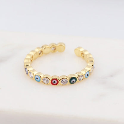 Skorter | Bohemian Rainbow Evil Eye Rhinestone Filled Gold Rings
