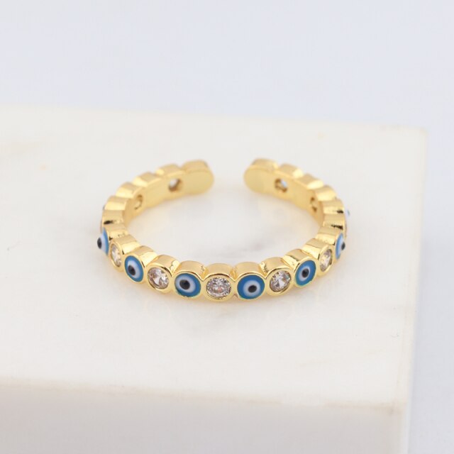 Skorter | Bohemian Rainbow Evil Eye Rhinestone Filled Gold Rings
