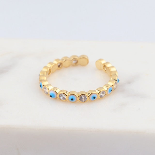 Skorter | Bohemian Rainbow Evil Eye Rhinestone Filled Gold Rings