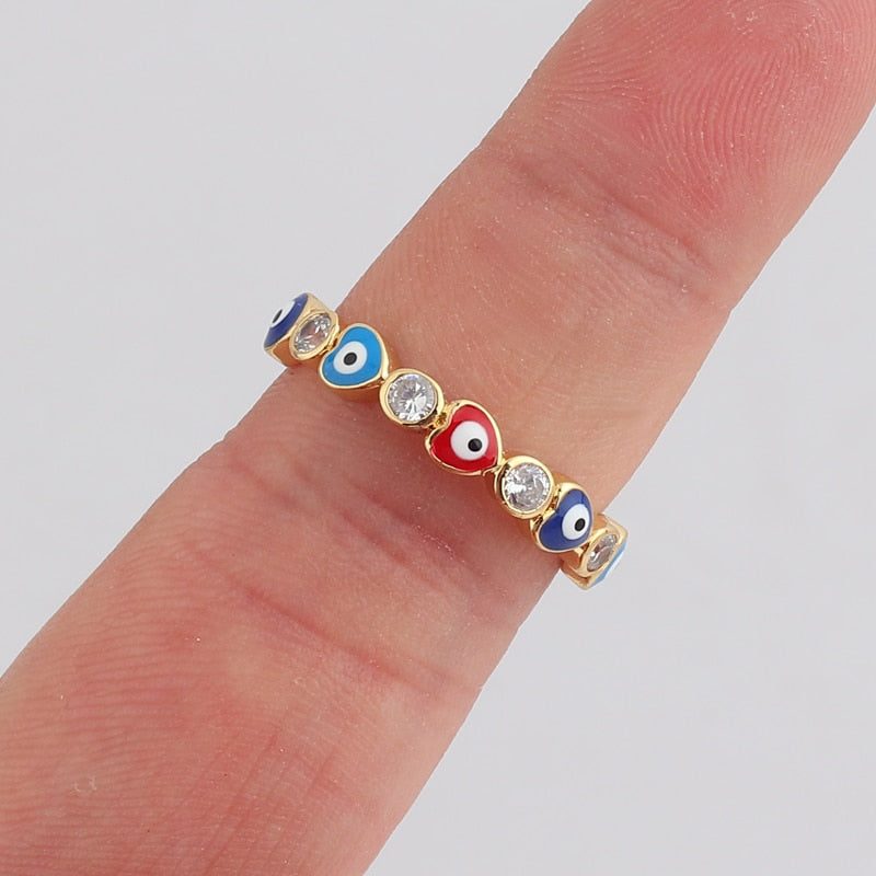 Skorter | Bohemian Rainbow Evil Eye Rhinestone Filled Gold Rings