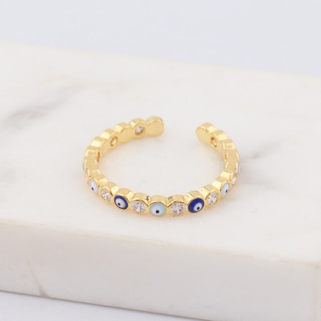 Skorter | Bohemian Rainbow Evil Eye Rhinestone Filled Gold Rings