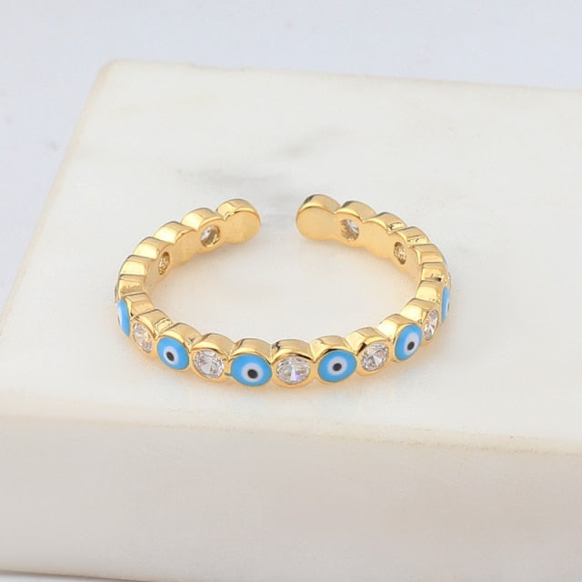 Skorter | Bohemian Rainbow Evil Eye Rhinestone Filled Gold Rings