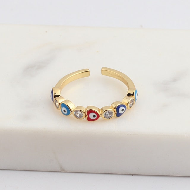 Skorter | Bohemian Rainbow Evil Eye Rhinestone Filled Gold Rings