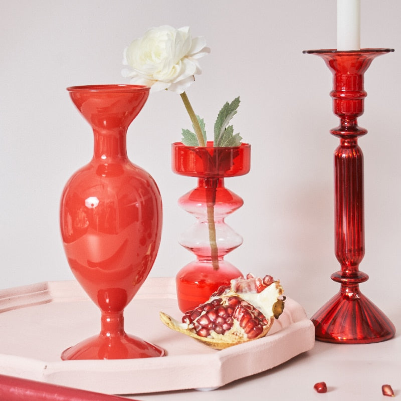 Skorter | Cherry Red Glass Stick Candle Holder & Vases
