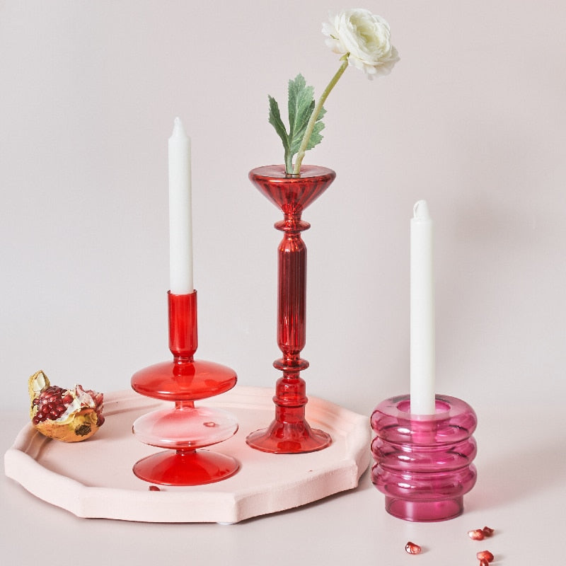 Skorter | Cherry Red Glass Stick Candle Holder & Vases