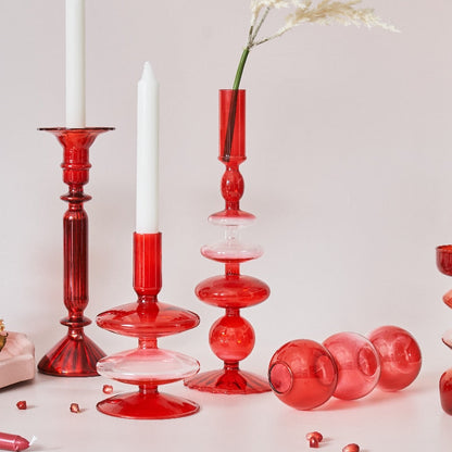 Skorter | Cherry Red Glass Stick Candle Holder & Vases
