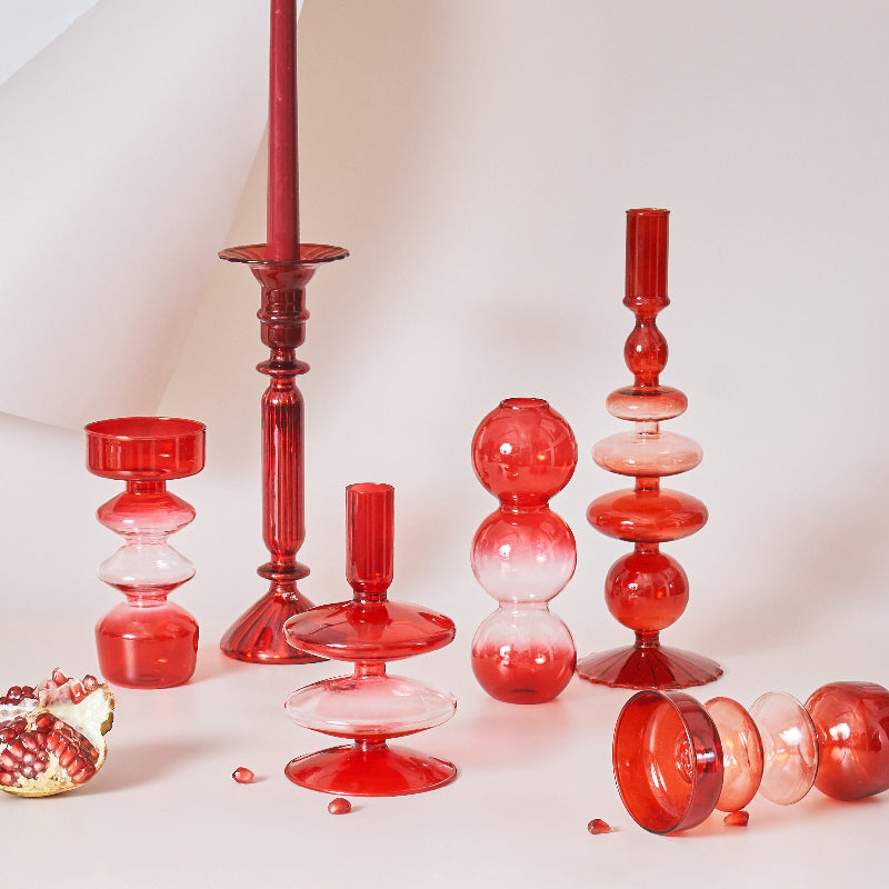 Skorter | Cherry Red Glass Stick Candle Holder & Vases