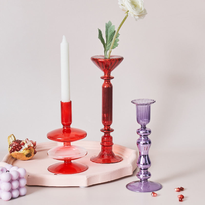 Skorter | Cherry Red Glass Stick Candle Holder & Vases