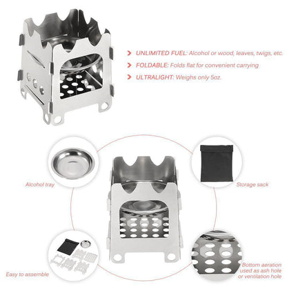 Skorter | Rocket Stove Folding Wood Camping with Alcohol Tray Stainless Steel