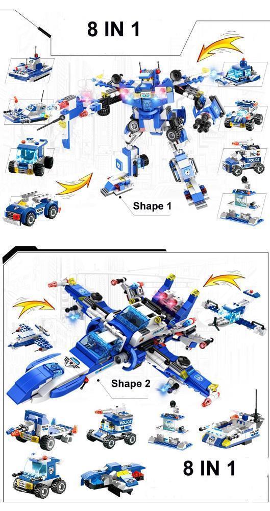 Skorter | 8 IN 1 Robot Aircraft Car City Police SWAT Building Block