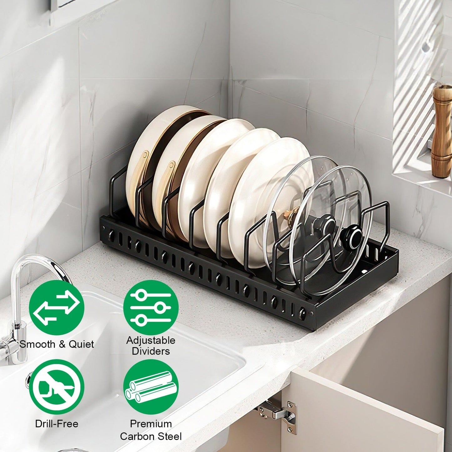 Skorter | Expandable pot and pan organizer with 8 adjustable dividers
