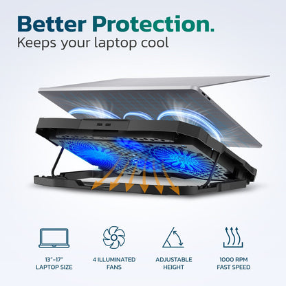 Skorter | Clean Laptop Cooling Pad, 6 Adjustable Heights Laptop Stand, 4 Fans: 3 Fan Modes + 6 Speeds, LED Display, 2 USB Ports
