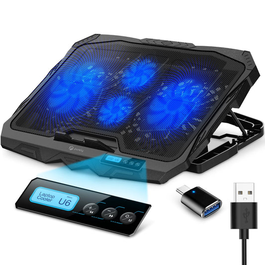 Skorter | Clean Laptop Cooling Pad, 6 Adjustable Heights Laptop Stand, 4 Fans: 3 Fan Modes + 6 Speeds, LED Display, 2 USB Ports