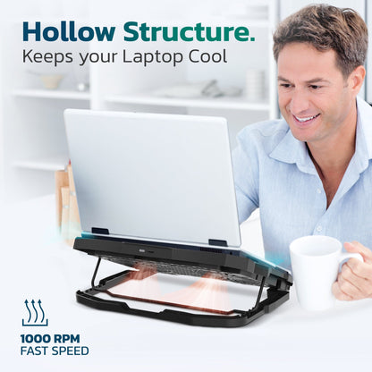Skorter | Clean Laptop Cooling Pad, 6 Adjustable Heights Laptop Stand, 4 Fans: 3 Fan Modes + 6 Speeds, LED Display, 2 USB Ports