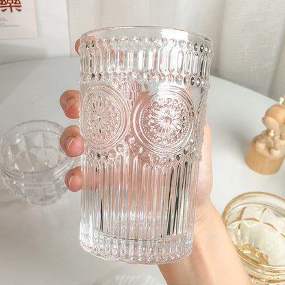 Embossed Glass Cups with Lid and Straw