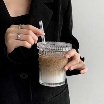 Embossed Glass Cups with Lid and Straw