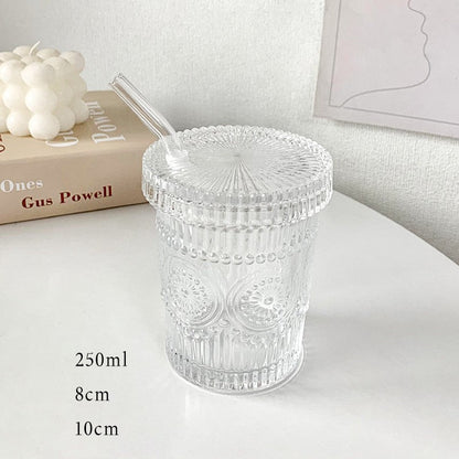 Embossed Glass Cups with Lid and Straw