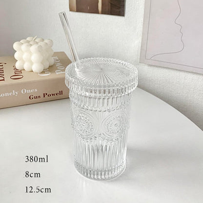 Embossed Glass Cups with Lid and Straw