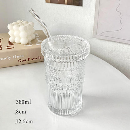Embossed Glass Cups with Lid and Straw
