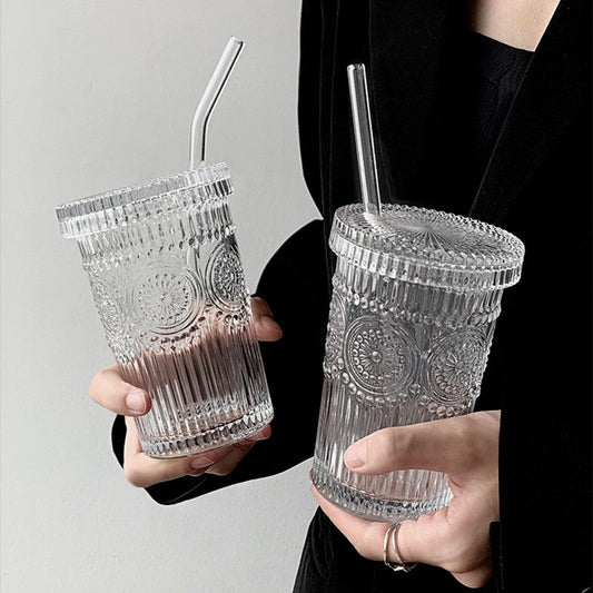 Embossed Glass Cups with Lid and Straw