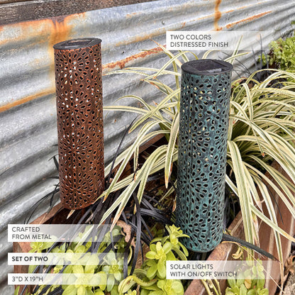 Skorter | Cylindrical metal outdoor solar lights for the garden, set of two