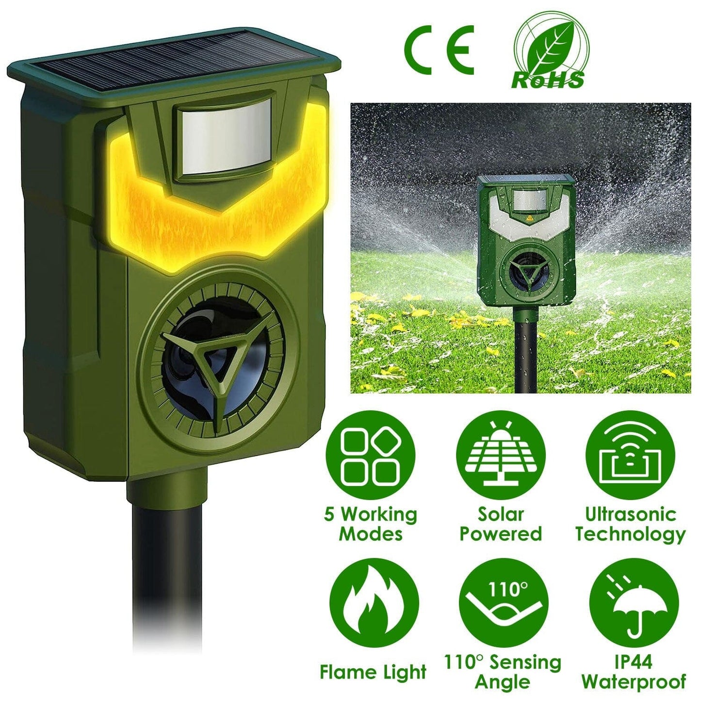 Skorter | Solar Ultrasonic Animal Repeller with Flame Light USB Charging Motion Sensor