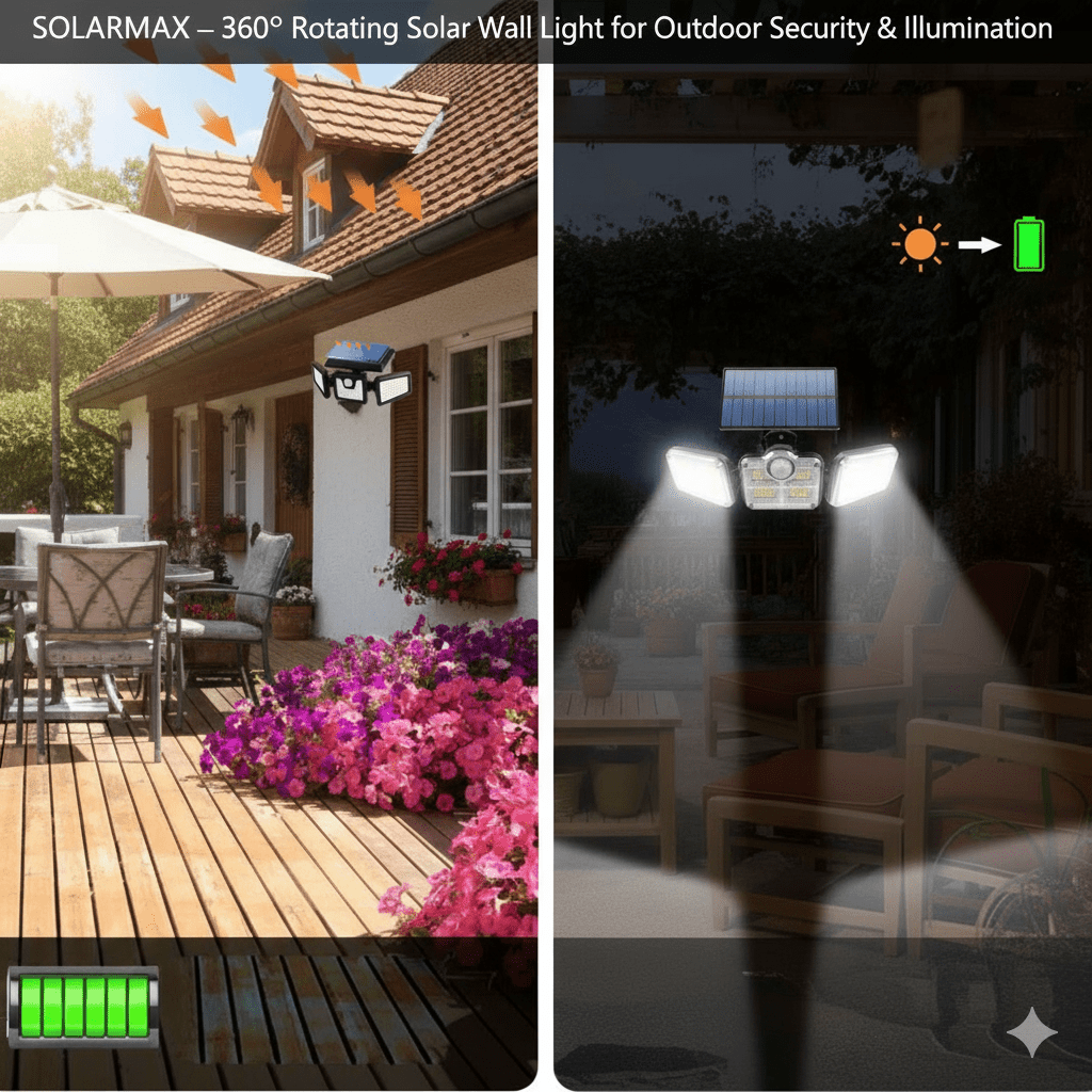 Skorter | SOLARMAX – 360° Rotating Triple Head Solar Security Wall Light