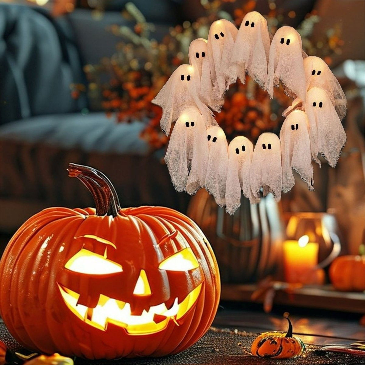 Skorter | SPOOKGLOW – LED Ghost Wreath with 12 Illuminated Spirits