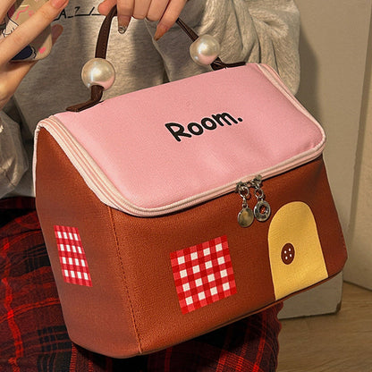 Skorter | Color block colored, house-shaped handheld cosmetic bag with large capacity