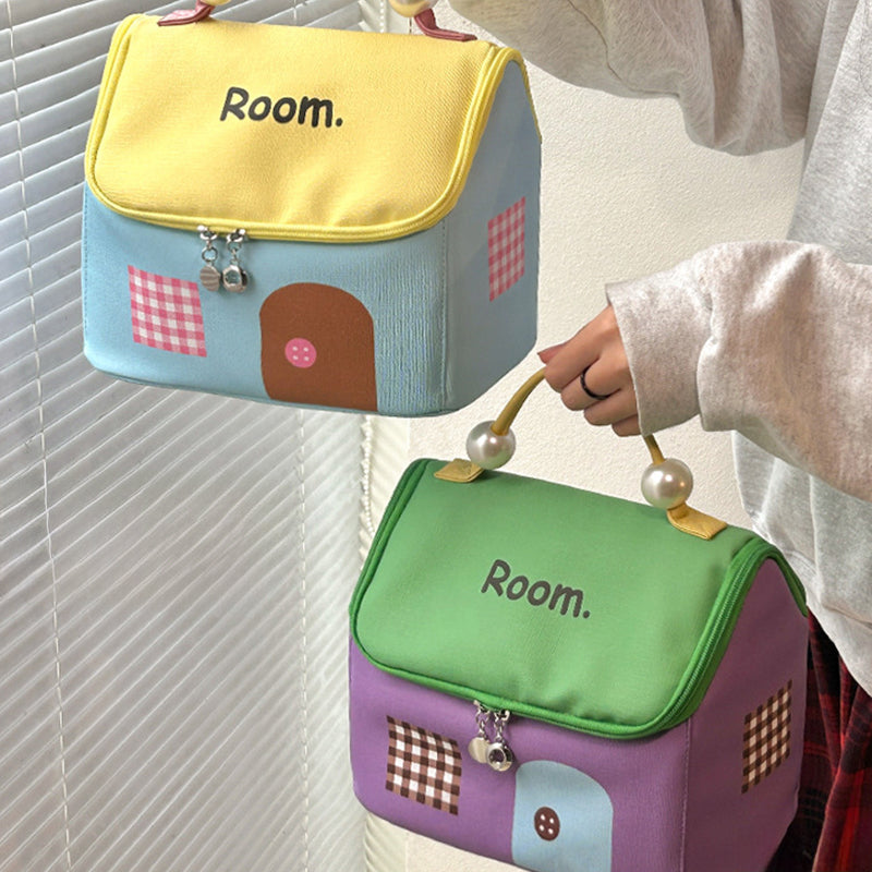 Skorter | Color block colored, house-shaped handheld cosmetic bag with large capacity