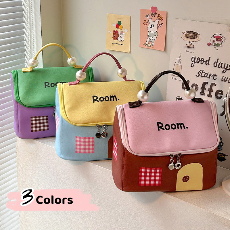 Skorter | Color block colored, house-shaped handheld cosmetic bag with large capacity