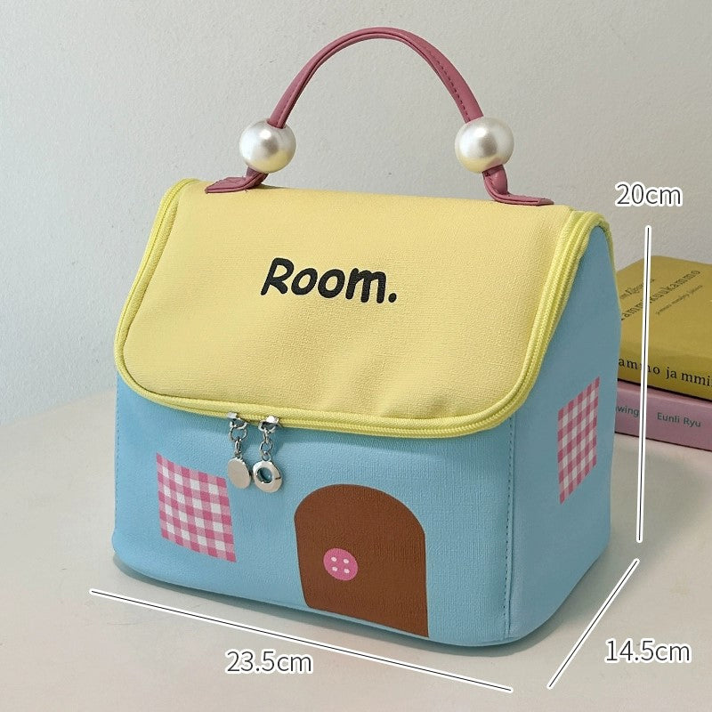 Skorter | Color block colored, house-shaped handheld cosmetic bag with large capacity