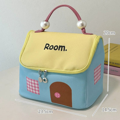 Skorter | Color block colored, house-shaped handheld cosmetic bag with large capacity