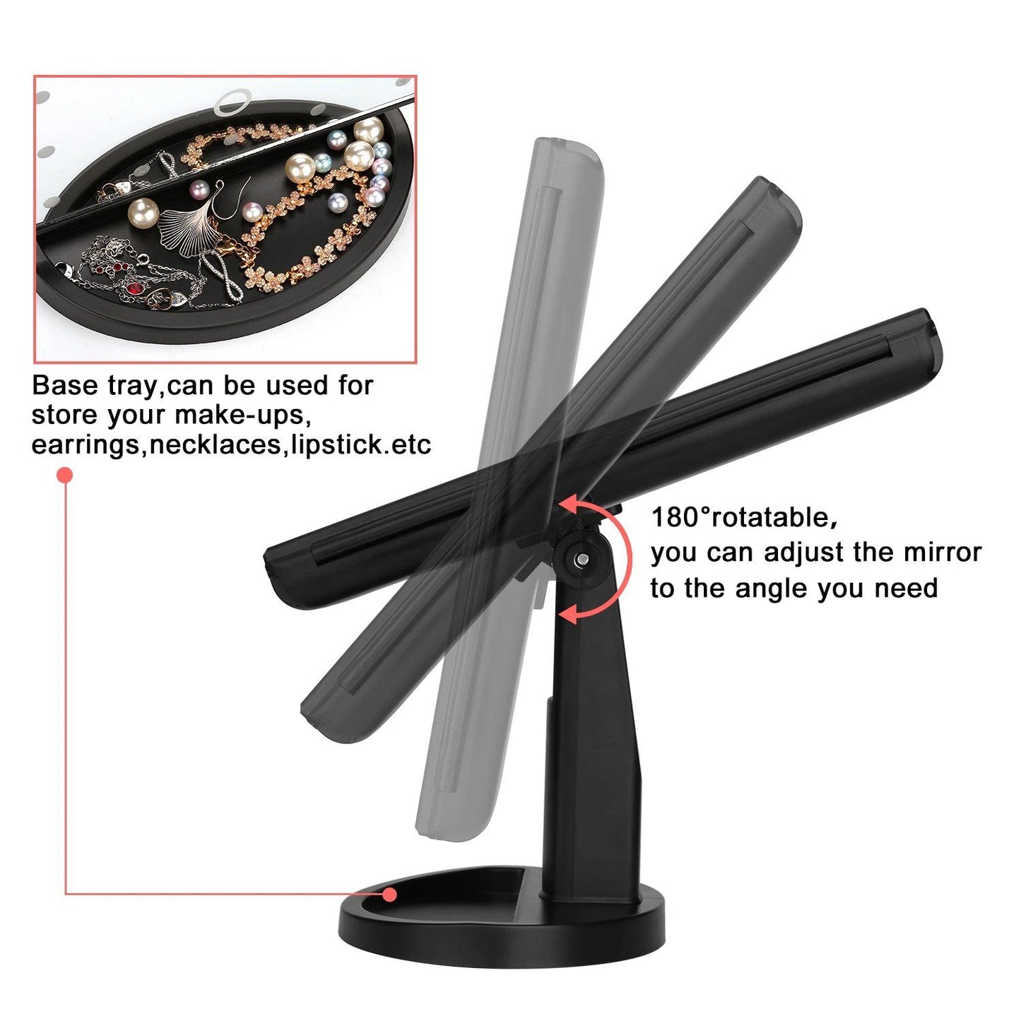 Skorter | Standing Makeup Mirror Vanity USB 21 LED Lights 10X 3X 2X 1X Magnification Black