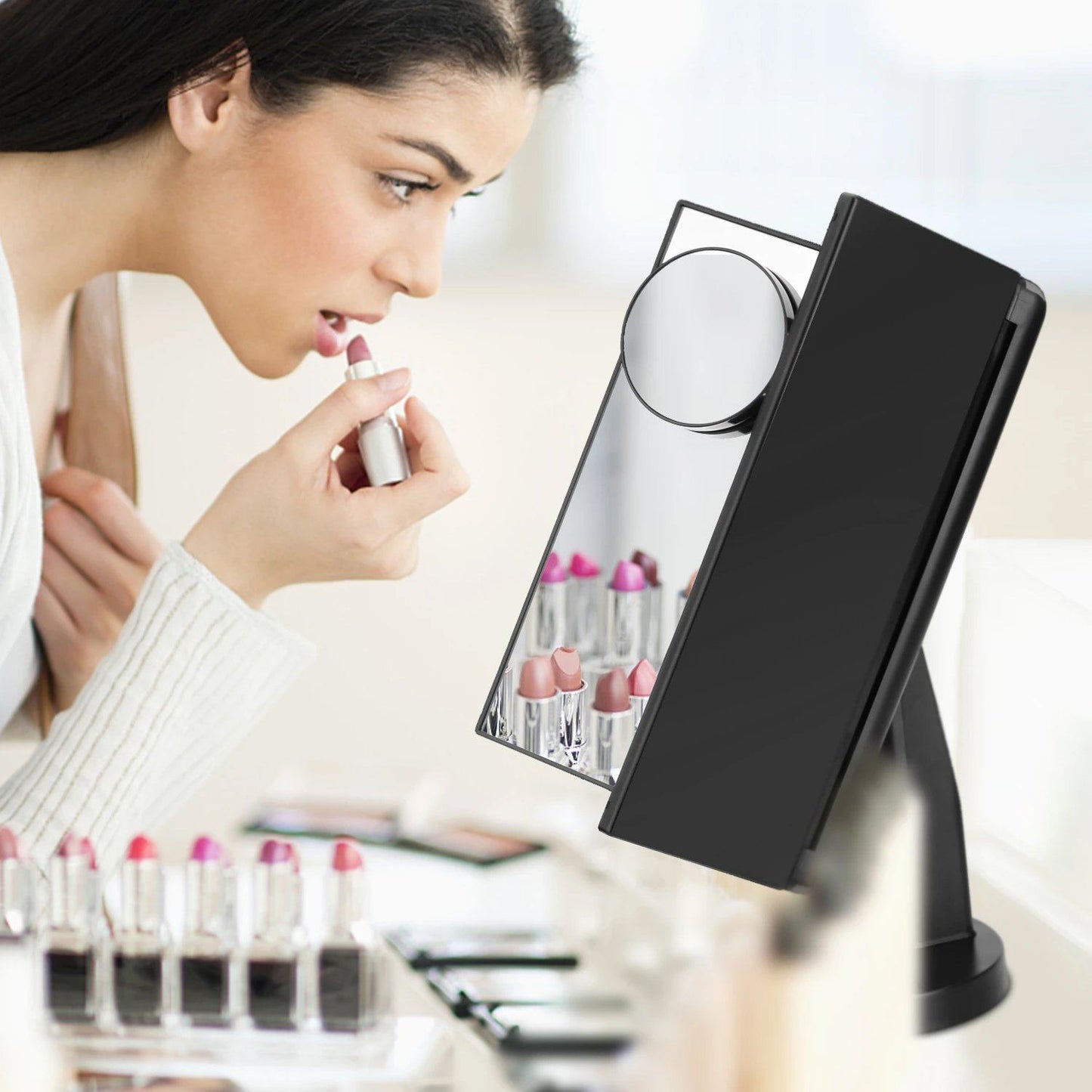 Skorter | Standing Makeup Mirror Vanity USB 21 LED Lights 10X 3X 2X 1X Magnification Black