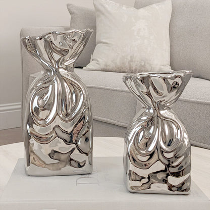 Skorter | Tesora Silver Curled Ceramic Bag Vases - Set of 2