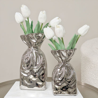 Skorter | Tesora Silver Curled Ceramic Bag Vases - Set of 2