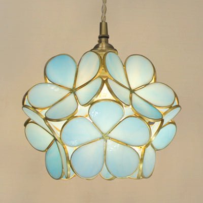 Tiffany Style Flower Pendant Light – Single Light, Blue/Clear/Pink Stained Glass Hanging Ceiling Lamp - SKØRTER