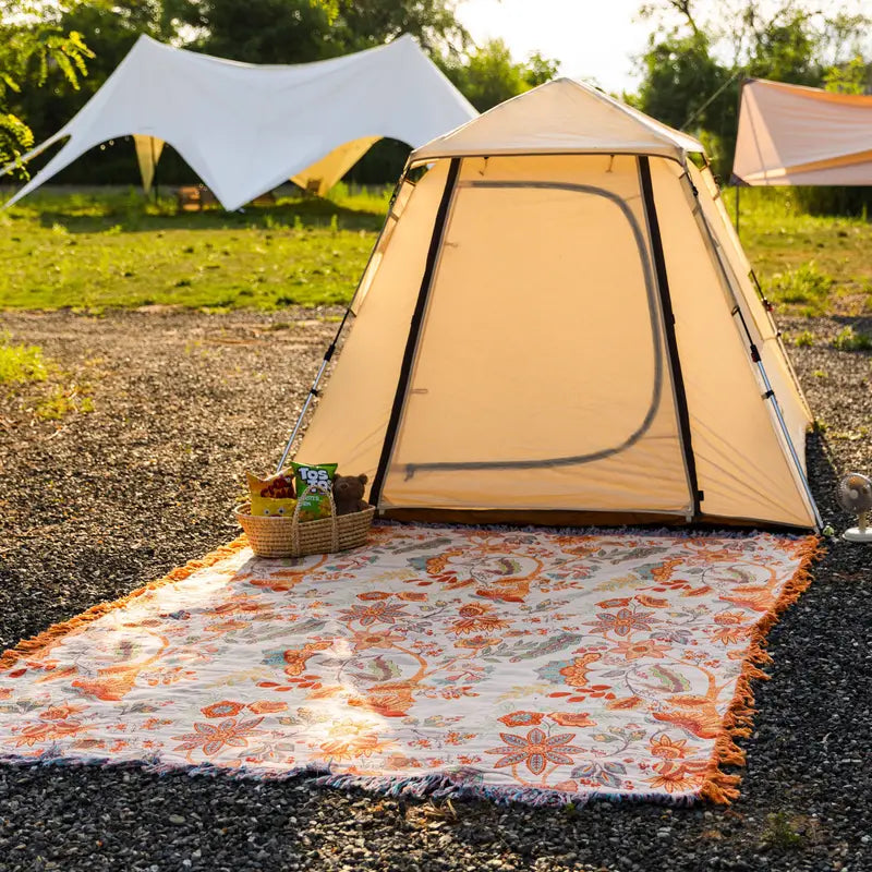 Skorter | Boho Floral Cotton Throw Blanket with Fringe – Cream & Orange