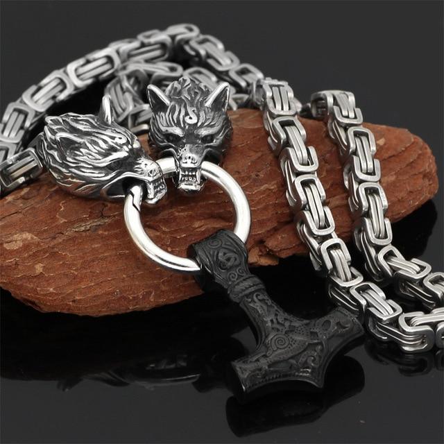 Skorter | 60–90 cm Stainless Steel Double Wolf Head & Mjolnir Survival Spirit Necklace/Bracelet