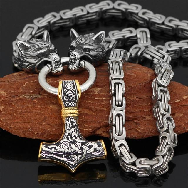 Skorter | 60–90 cm Stainless Steel Double Wolf Head & Mjolnir Survival Spirit Necklace/Bracelet