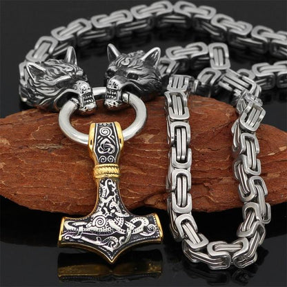 Skorter | 60–90 cm Stainless Steel Double Wolf Head & Mjolnir Survival Spirit Necklace/Bracelet