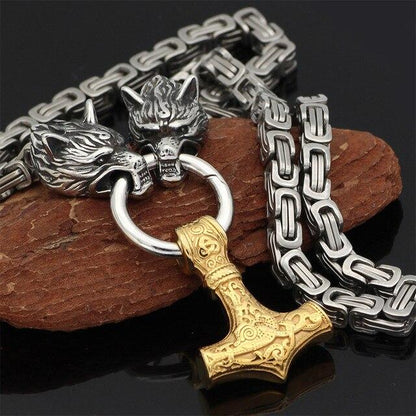 Skorter | 60–90 cm Stainless Steel Double Wolf Head & Mjolnir Survival Spirit Necklace/Bracelet