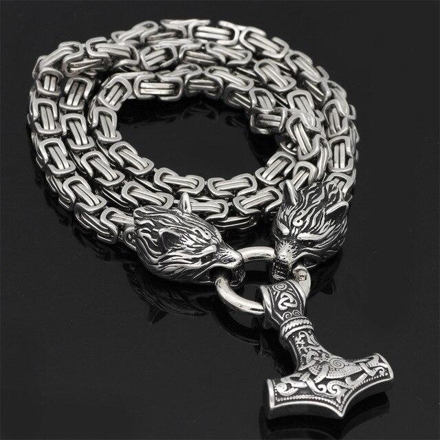 Skorter | 60–90 cm Stainless Steel Double Wolf Head & Mjolnir Survival Spirit Necklace/Bracelet