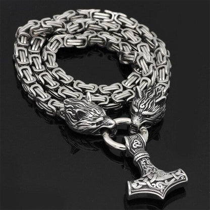 Skorter | 60–90 cm Stainless Steel Double Wolf Head & Mjolnir Survival Spirit Necklace/Bracelet