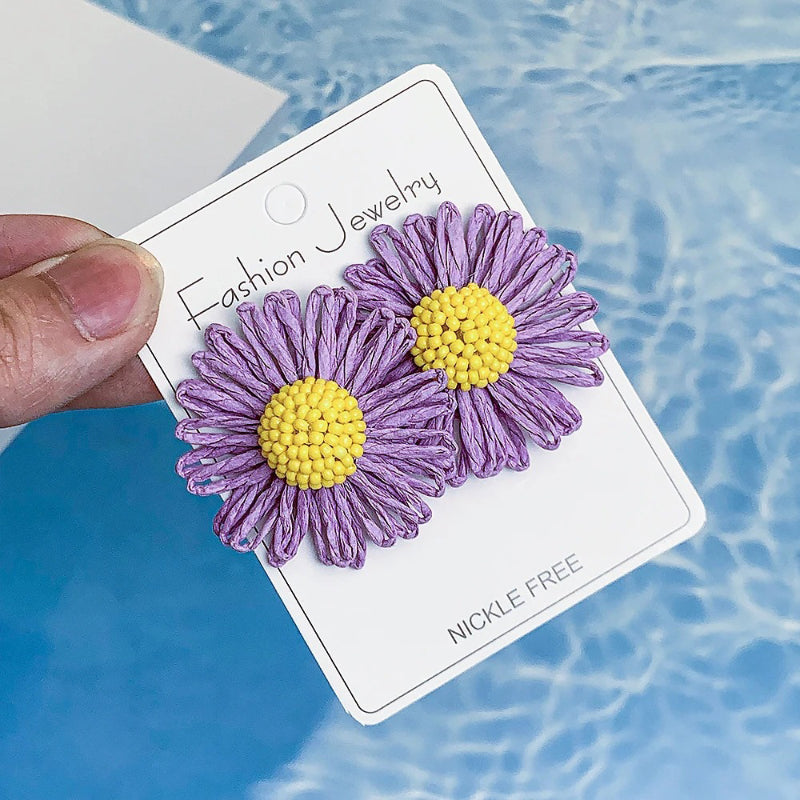 Skorter | Bohemian Raffia Flower Bead Rattan Knit Colorful Earrings