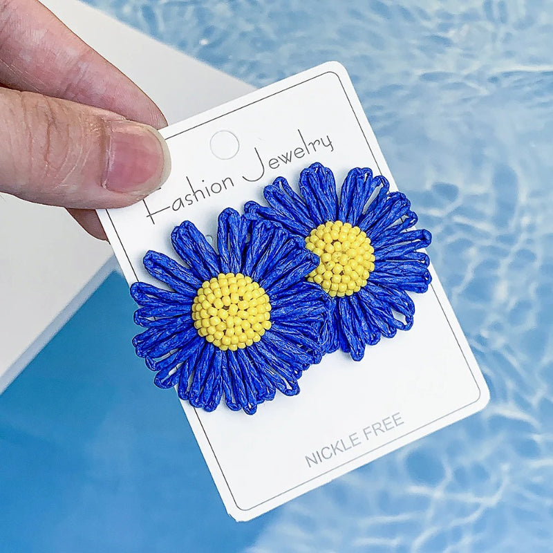 Skorter | Bohemian Raffia Flower Bead Rattan Knit Colorful Earrings