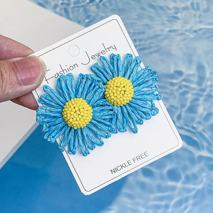 Skorter | Bohemian Raffia Flower Bead Rattan Knit Colorful Earrings
